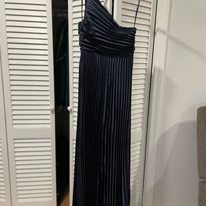 Revelry One-Shoulder Navy Pleated Satin Evening Dress